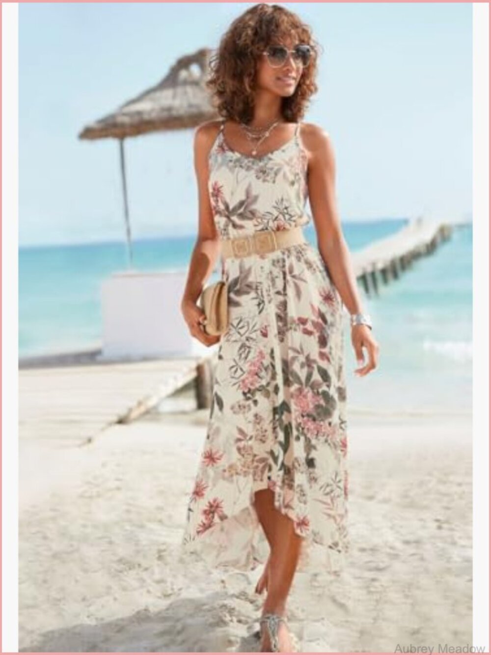 Women's Floral High Low Midi Dress Sleeveless V-Neck Elastic Waist - Picture 2 of 6